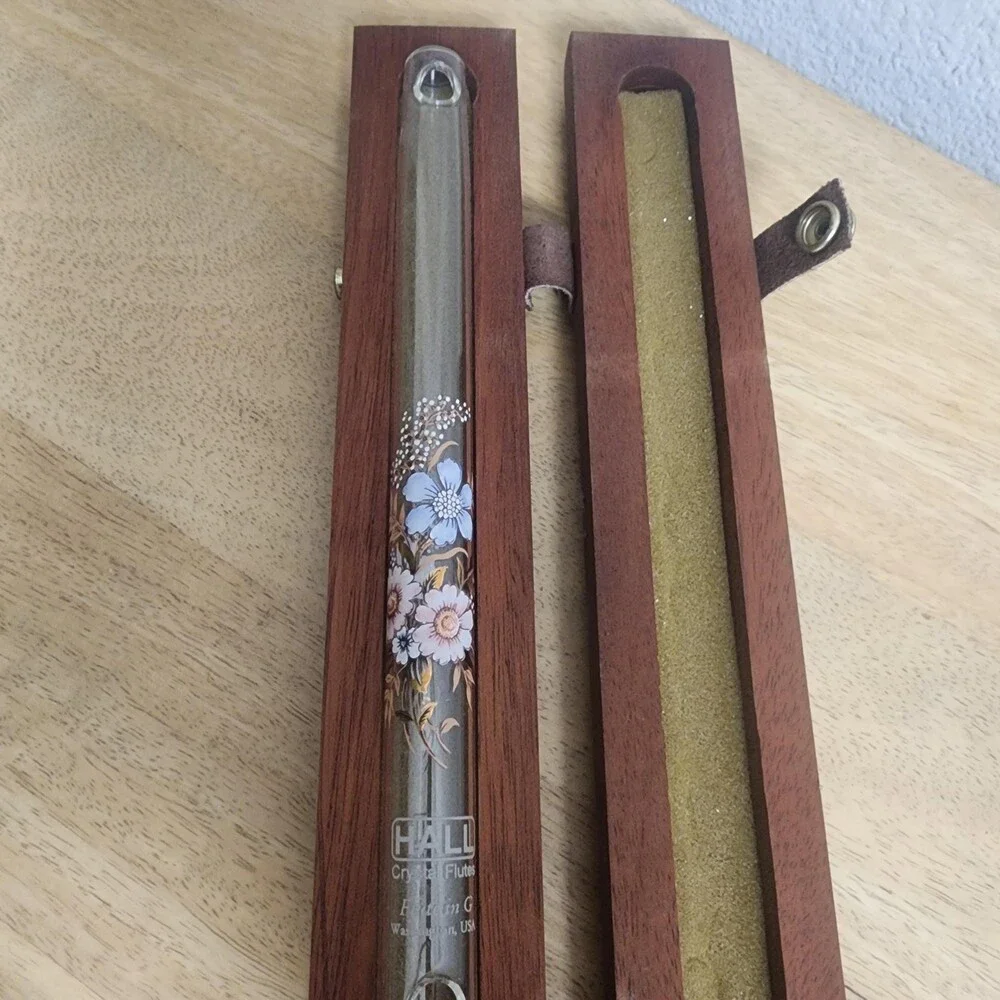 Hall Crystal Flute In G Clear Open Hole Fife Wood Case Hand Painted Floral USA
